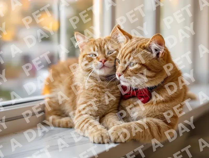 Photorealistic image of two ginger cats cuddling on a window sill