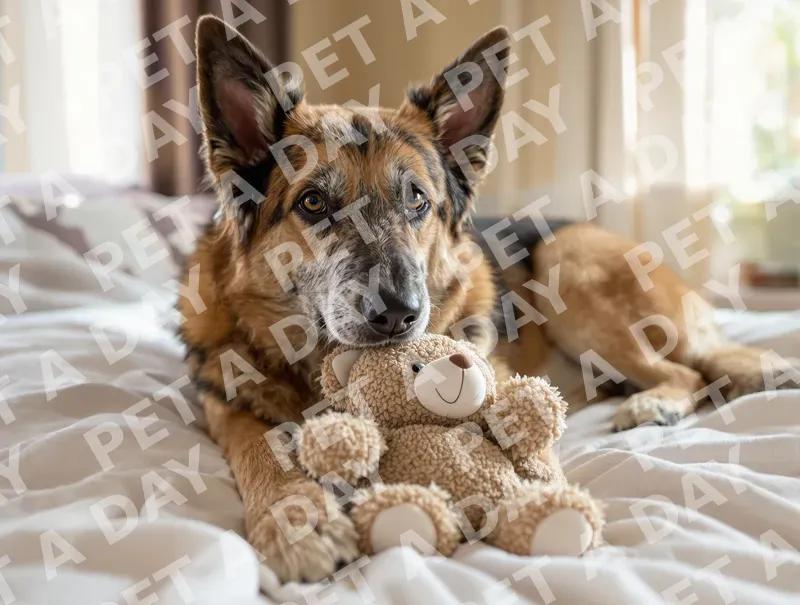 Gentle German Shepherd with Beloved Teddy Bear