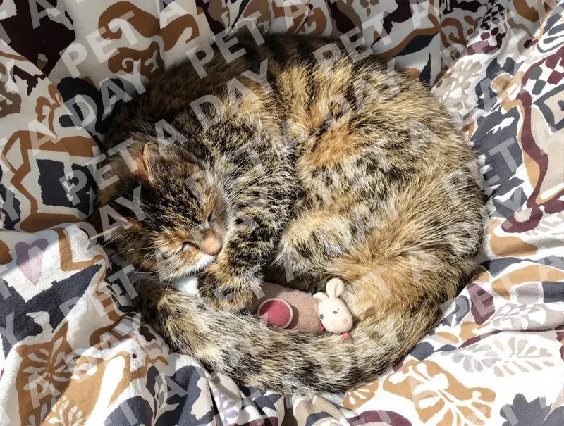 Real classic tabby cat curled into a tight ball on a patterned throw blanket