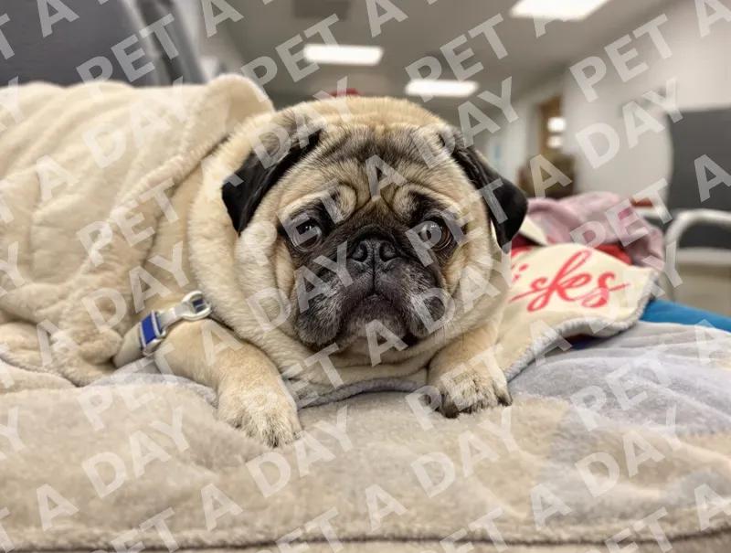Calm Senior Pug on Soft Blanket