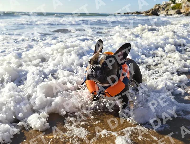 French Bulldog's Foamy Beach Adventure
