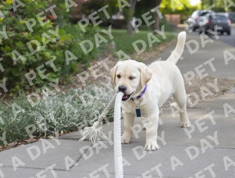 Playful Labrador Puppy Tug-of-War on Sidewalk