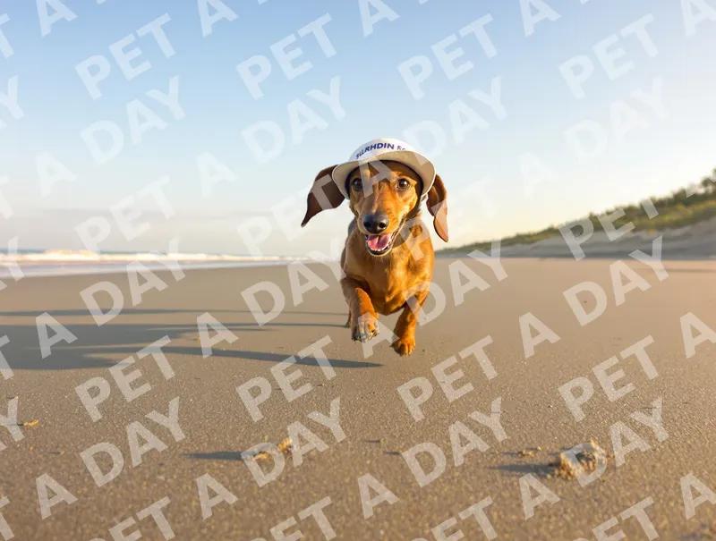 Dachshund's Joyful Beach Run in a Visor