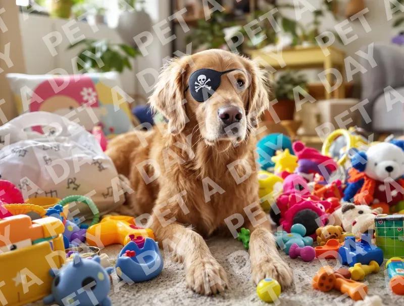 Playful Pirate Golden Retriever in Toy Room