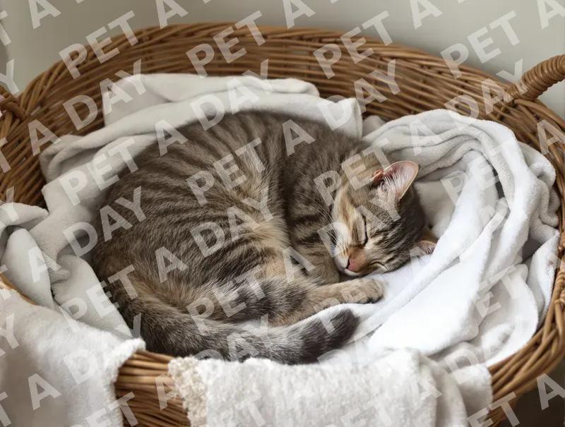 Peaceful Tabby Cat Napping in Laundry Basket