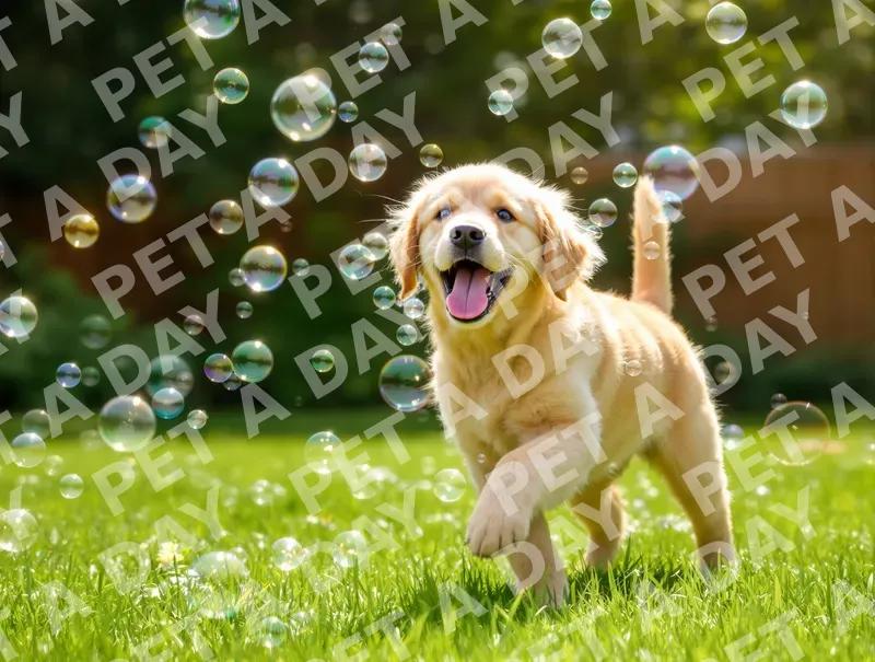 Joyful Golden Retriever Puppy Chasing Bubbles
