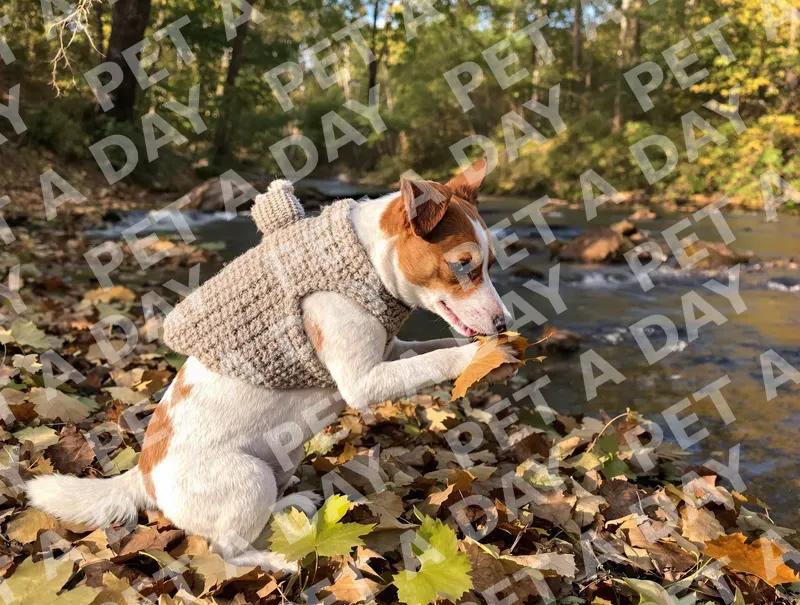 Playful Pup Explores Autumn Leaves by Stream