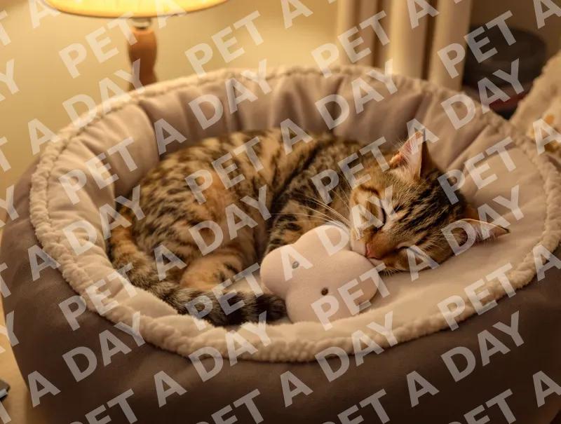 Blissful Tabby Cat Napping in Cozy Bed