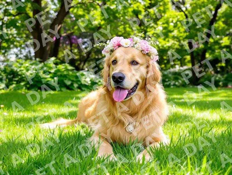 Happy Golden Retriever Wearing Floral Crown