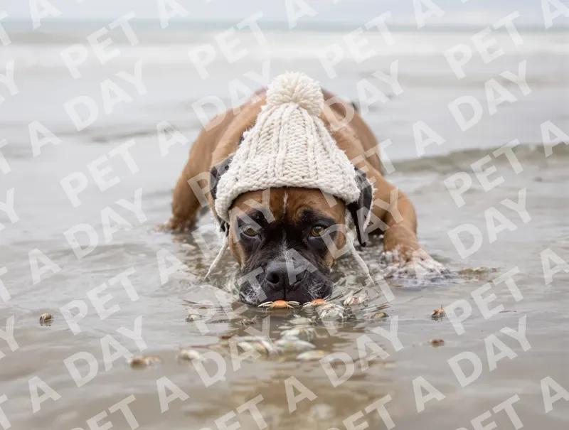 Curious Boxer Dog in Knitted Hat