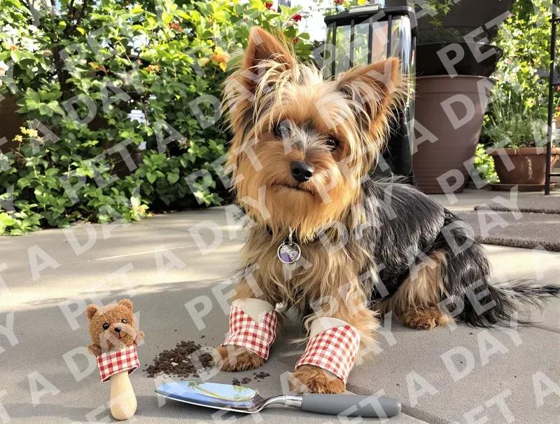 Adorable Yorkie Ready for Gardening Fun