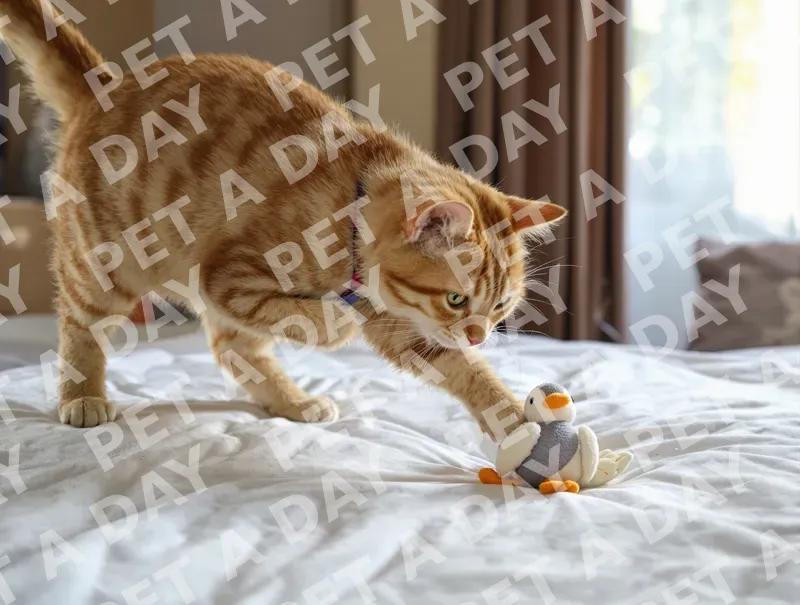 Playful Ginger Tabby Pouncing on Toy