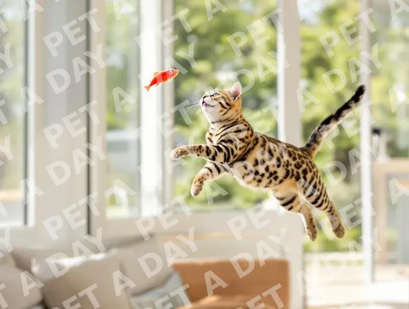 Playful Bengal Cat Leaping for Toy Fish