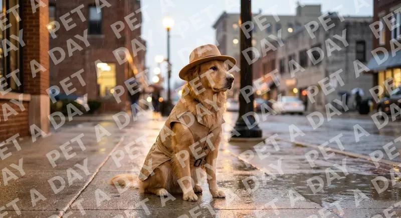 golden retriever wearing a small tan trench coat and fedora