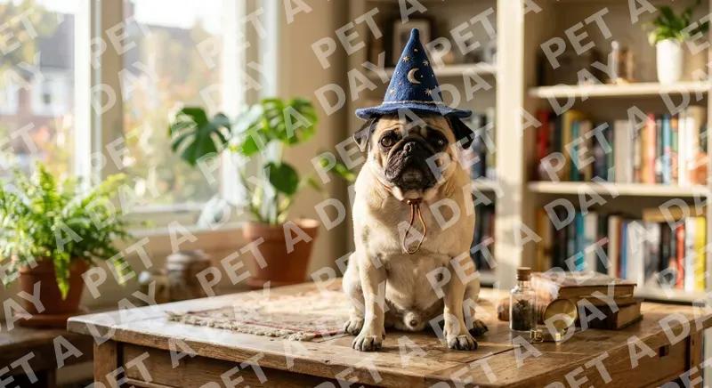 pug wearing a small felt wizard hat